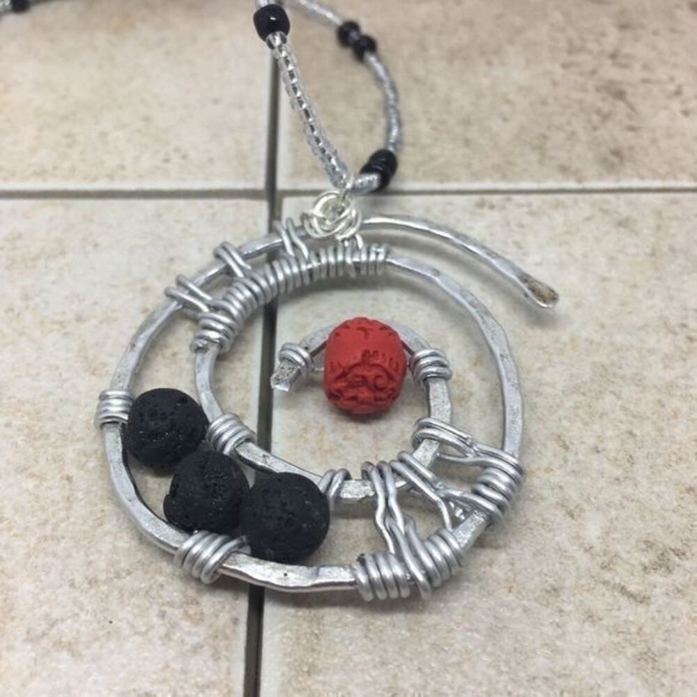 Lava Stone and Cinnabar Wirework Necklace